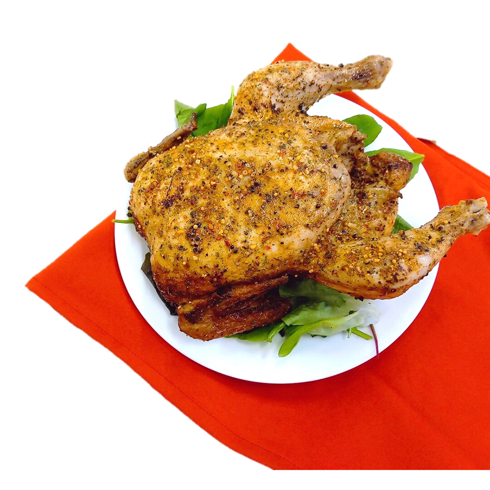 オーブンで焼くだけ：国産若鶏丸の味付きローストチキン用　1羽/約1100ｇ　※100ｇ当り117円（税込）