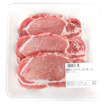 【グラム売】国産豚ロースステーキ、とんかつ用（3枚）　約400ｇ