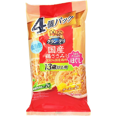 グラン・デリ　国産鶏ささみ　パウチ　ほぐし　13歳以上用　緑黄色野菜入り×2個　チーズ入り×2個
