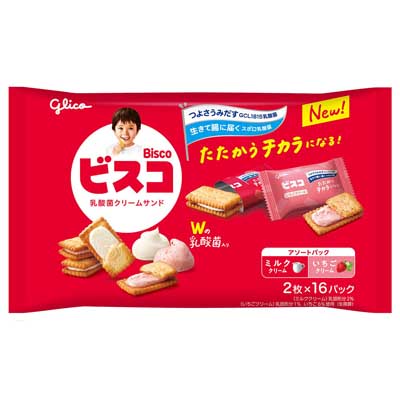 グリコ ビスコ アソートパック ミルククリーム・いちごクリーム 2枚×16パック