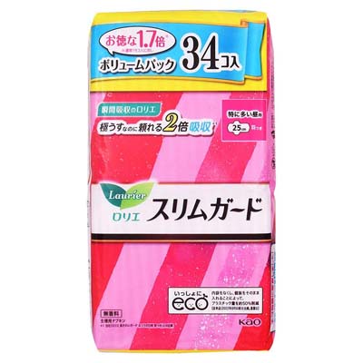 ロリエ　スリムガード　特に多い昼用羽つき25ｃｍ　34個入