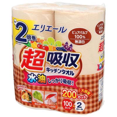 エリエール　超吸収キッチンタオル無漂白　１００カット×２ロール