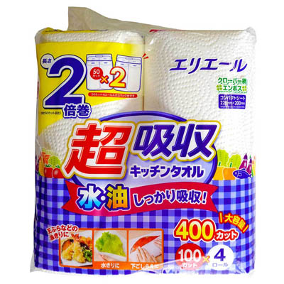 エリエール　超吸収キッチンタオルロール　100カット×４ロール