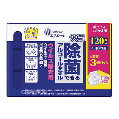 エリエール 除菌できるアルコールタオル ウイルス除去用 ボックスつめかえ用 40枚×3個