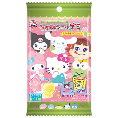 不二家　ペコ×サンリオキャラクターズ　なかよしシールグミ（ピーチ＆マスカット）　6粒