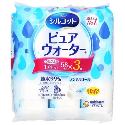 ユニ・チャーム シルコット ピュアウォーター ウェットティッシュ つめかえ用 58枚×3個