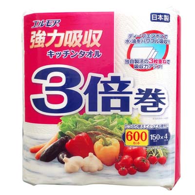 エルモア　強力吸収キッチンタオル３倍巻　150カット×4ロール